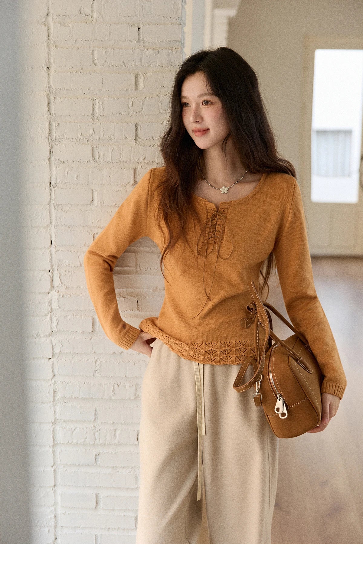 MISHOW Woman Beige Knit Top 2025 Winter Contrast Color French Style Hem Hollow Crochet Sweater Slim Long Sleeves Top MXE89Z2634