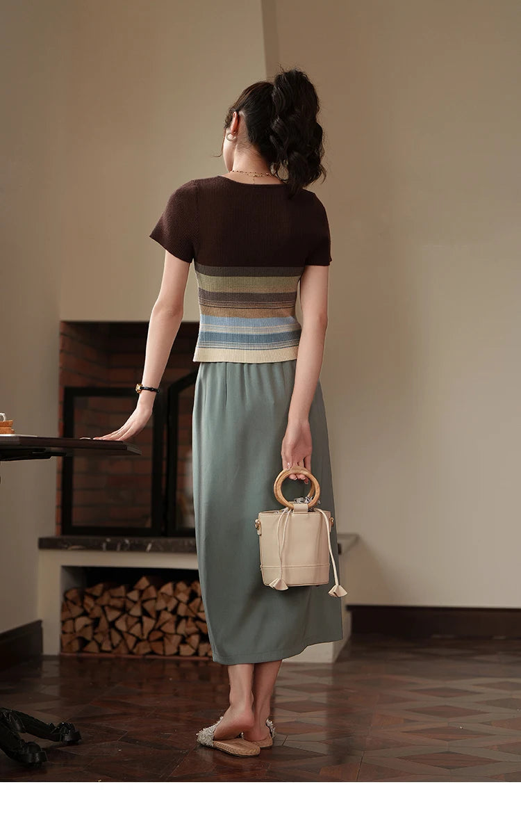 MISHOW Women's Suit Straight Midi Skirt 2025 Summer High Waist Slim Solid Front Fork Female Rear Elastic Waist Skirts MXC15B0026