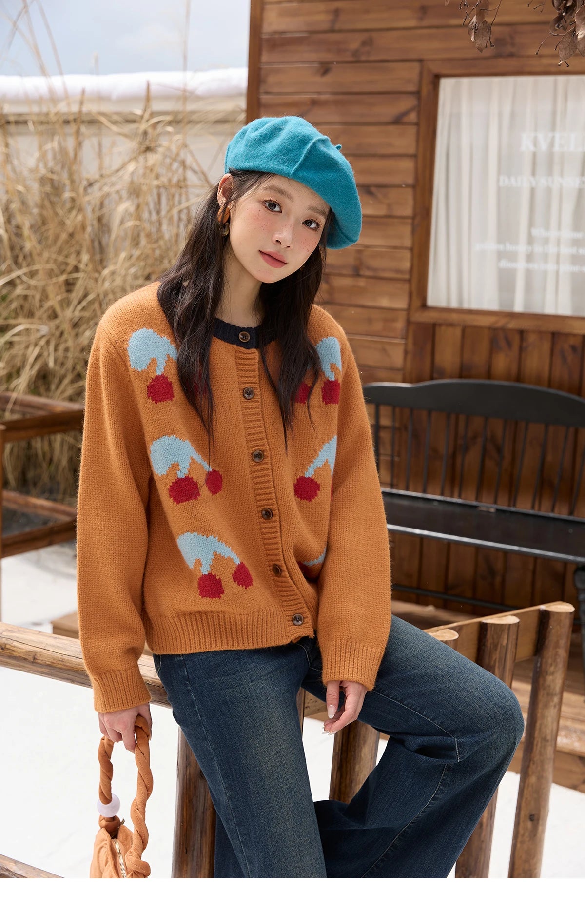 MISHOW Cherry Jacquard Knitted Cardigan for Women 2025 Winter Retro Sweet Round Neck Long Sleeves Sweater Commute Top MXE88Z2689