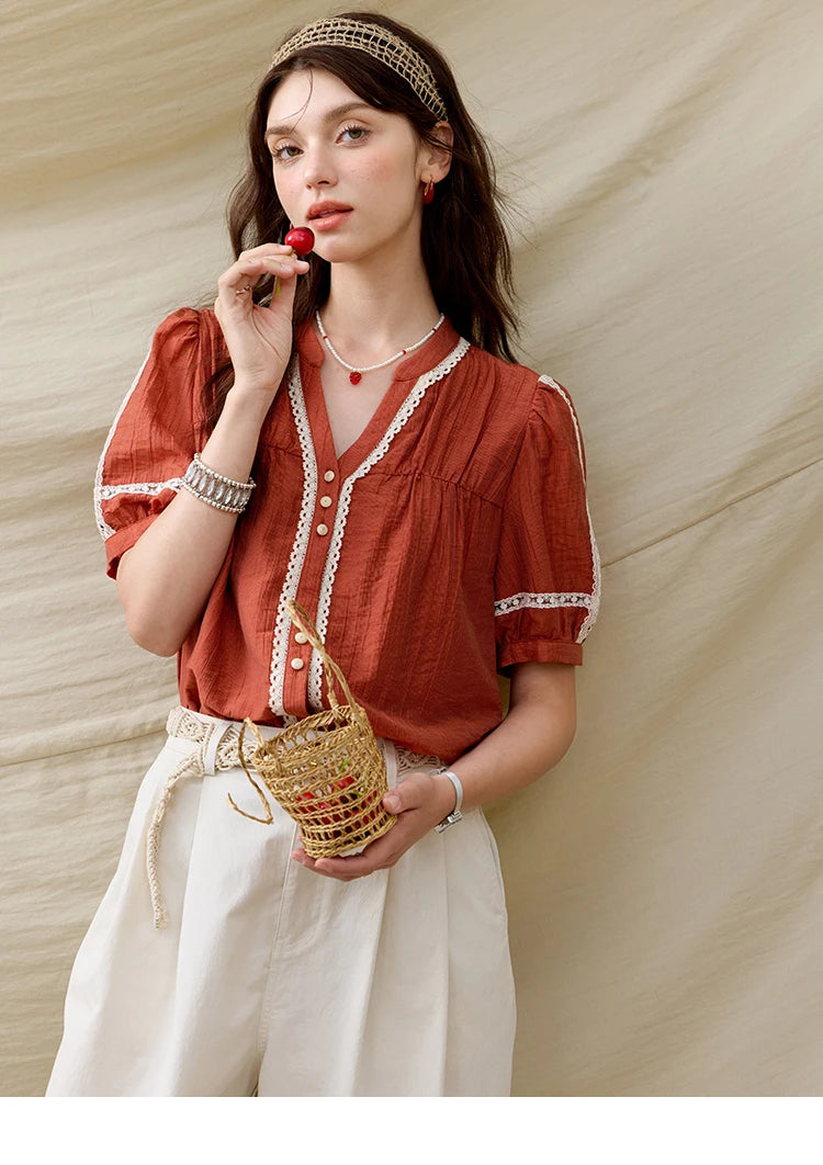 MISHOW French New Blouses Women Summer New 2025 Short Sleeve V-neck Color Matching Shirts Female Fashion Lazy Style MXE31X1766