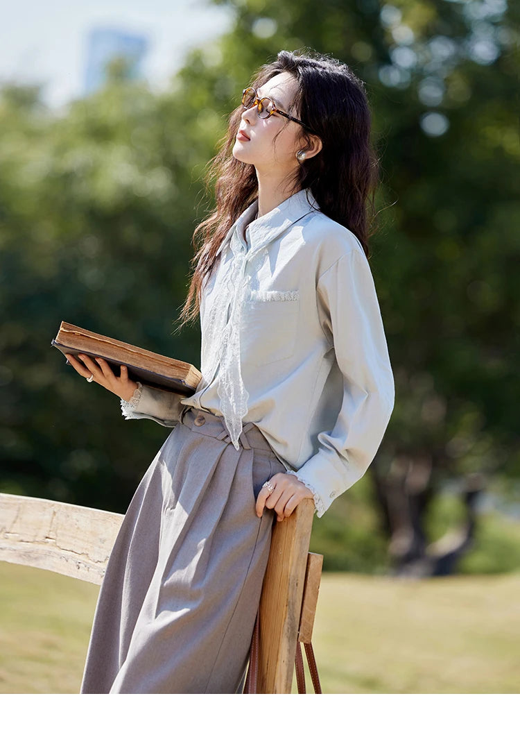 MISHOW French Spring Blouses Women 2025 New Long Sleeve Turn-down Collar Loose Shirts Female Fashion Lace Casual Tops MXE16C0760