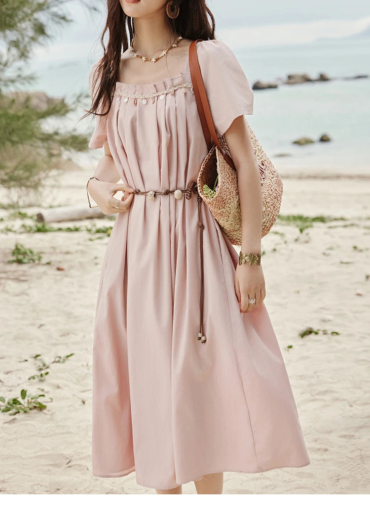 MISHOW Bohemian Pink Women‘s Summer Dresses Women 2025 Short Sleeve Square Collar with Belt Dress Lady New Fashion MXE33L2158