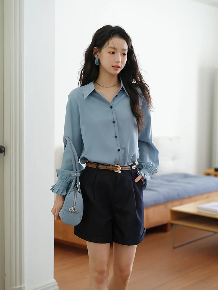 MISHOW Women's Shirts 2025 Autumn Color Blocking Buttons Pleated Cuffs Loose Top Female Solid Lapel Commuting Shirts MXE41C2352