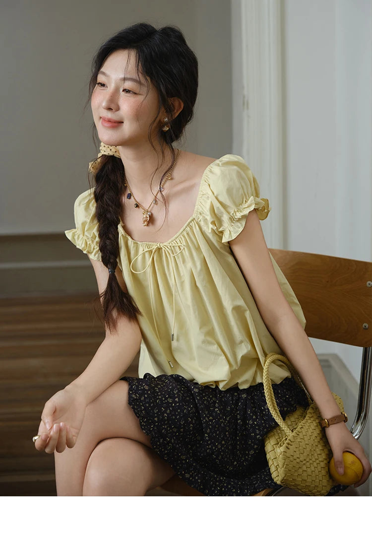 MISHOW 100% Cotton Blouse for Women 2025 Summer New Fashion Puff Sleeve Casual Commute Lace Up Top Ladies Clothing MXE37X1893