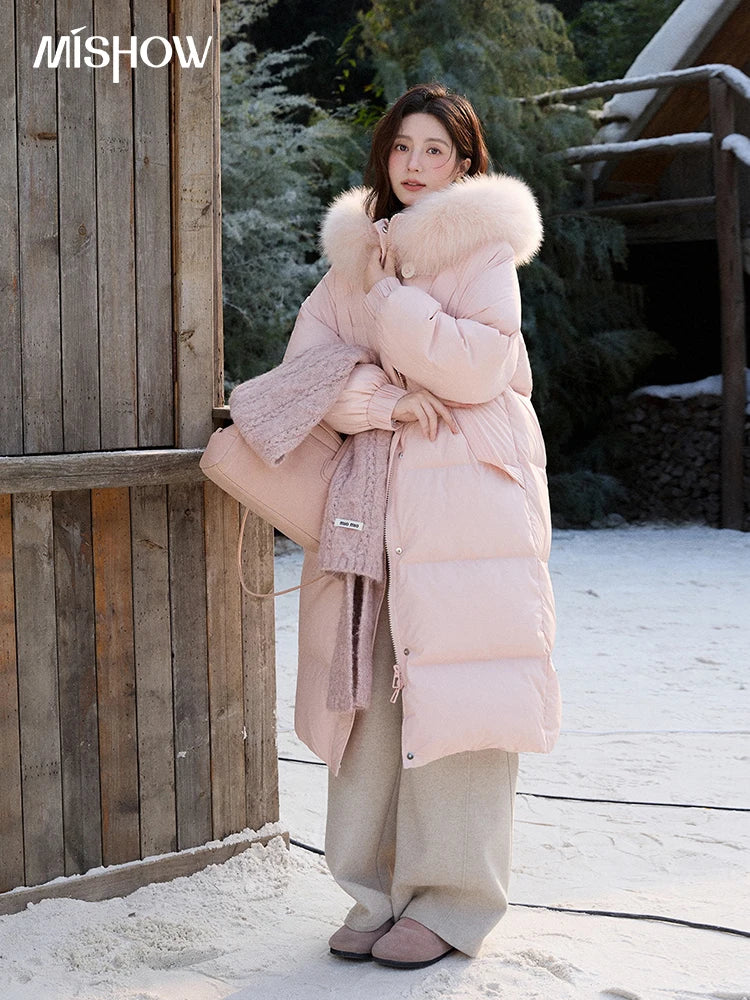 MISHOW Women's Long Down Coats 2025 Winter Fox Fur Collar 90% White Duck Down Down Jacket Warm Coat Large Pockets MXD112Y0070