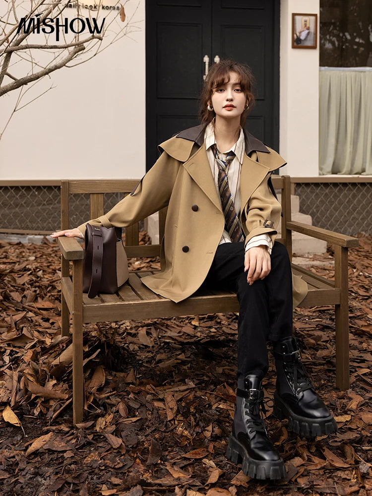MISHOW Trench Coats for Women Autumn Korean Office Lady Polo Collar Patchwork Long Mid-length Jacket Female Outerwear MXB33W0399