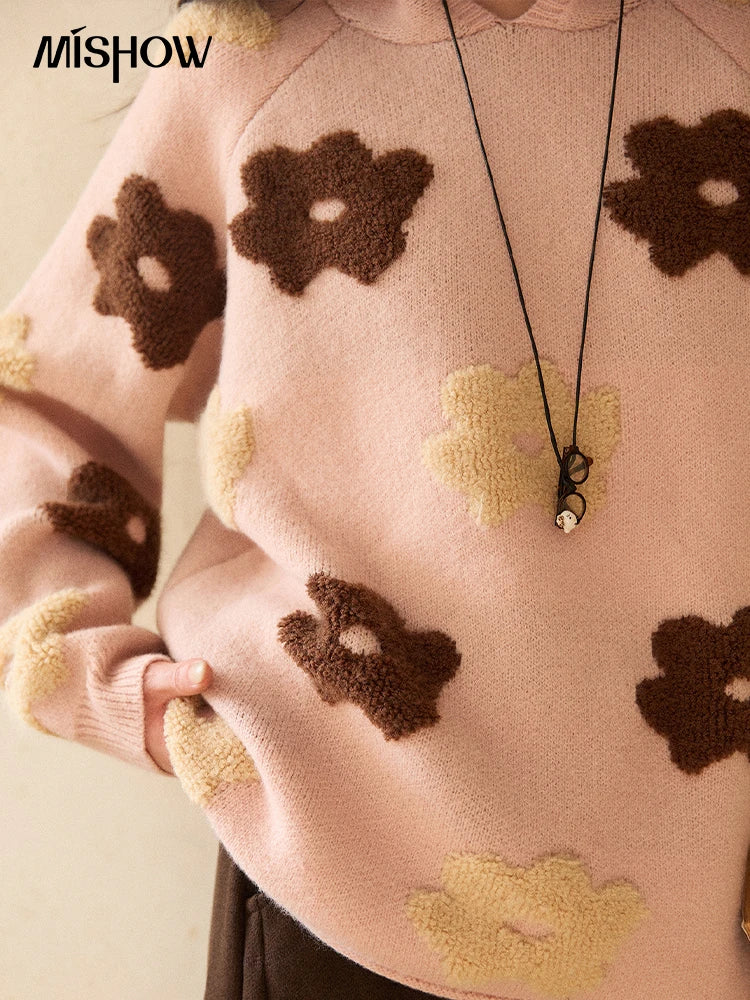 MISHOW Women's Floral Hooded Thick Sweater 2025 Loose Comfortable Pink 3D Jacquard Casual Long-Sleeved Pullovers MXE90Z2786