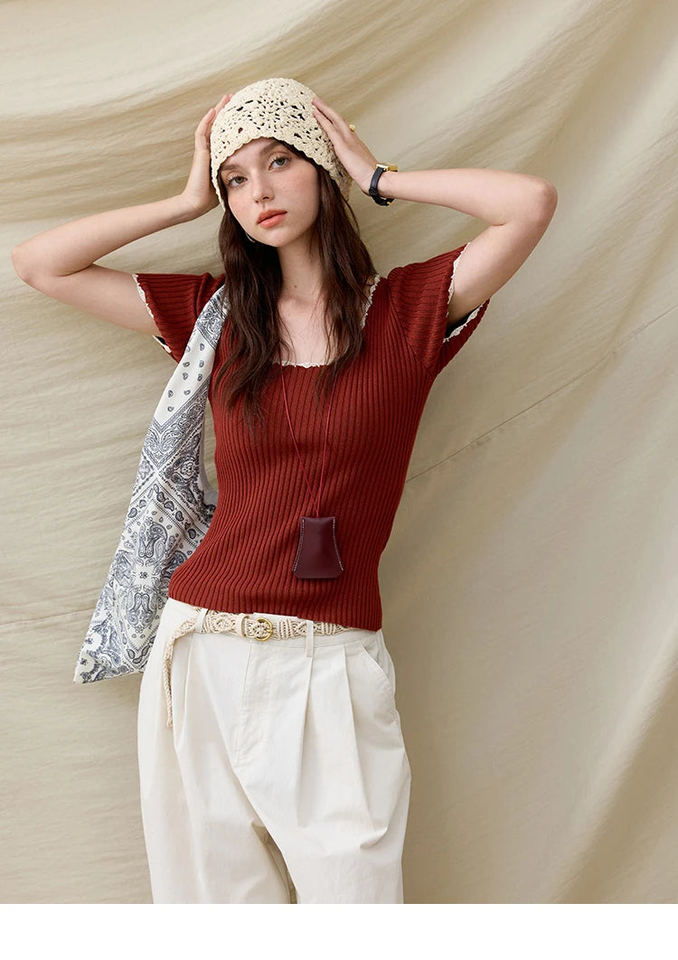 MISHOW Office Lady Summer Sweater Women 2025 New Solid Short Sleeve Lace Collar Contrast Color Hook Design Tops Slim MXE33Z1218