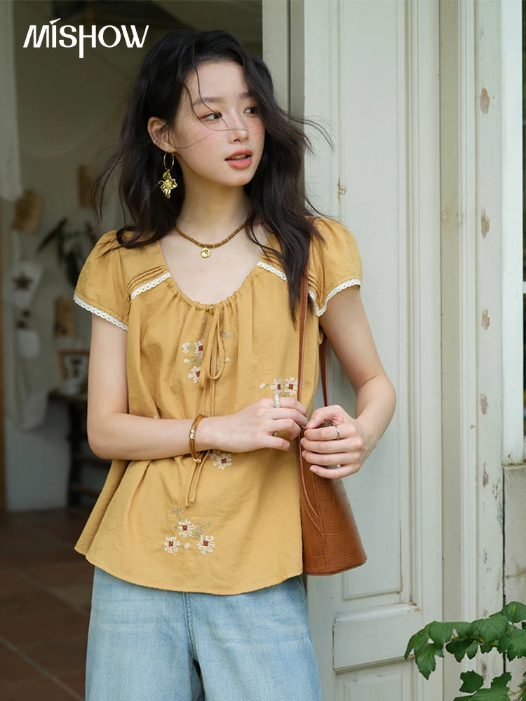 MISHOW Fashion Embroidery Flower Blouses for Woman 2025 Summer O-Neck Lace Up Flying Sleeve Lace Spliced Loose Top MXE39X1880