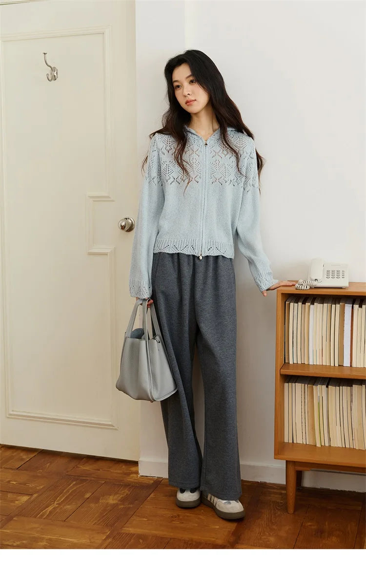 MISHOW Women's Autumn Cardigan 2025 New Loose Blue Hollow Knitted Cardigan Commute Hooded Short Zipper Sweater MXE46Z2584