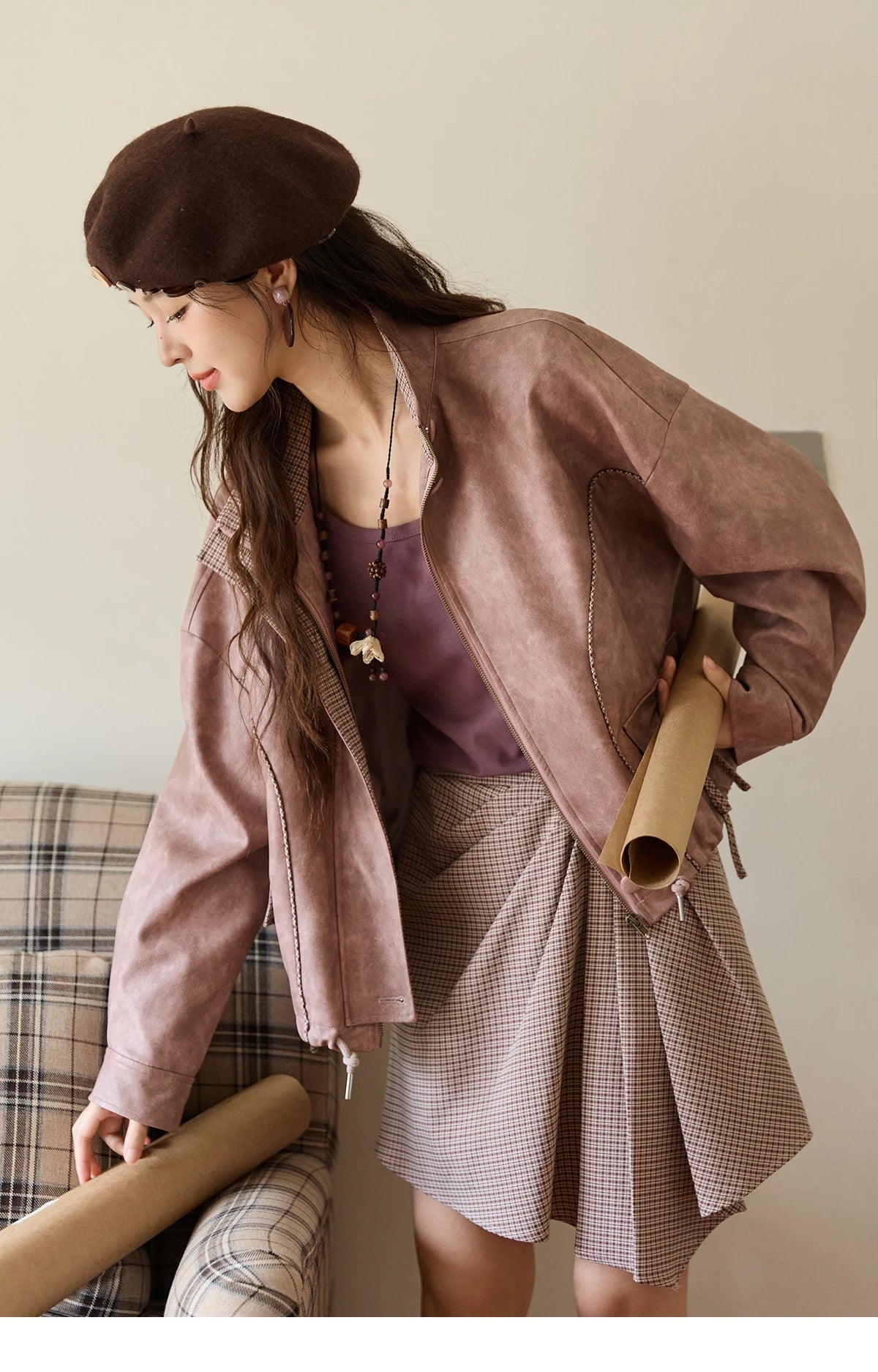 MISHOW Women's Dyed Leather Jackets 2025 Autumn Short Contrasting Plaid Lapel Jacket Fashion Loose Bow Pockets Coat MXE44W0818