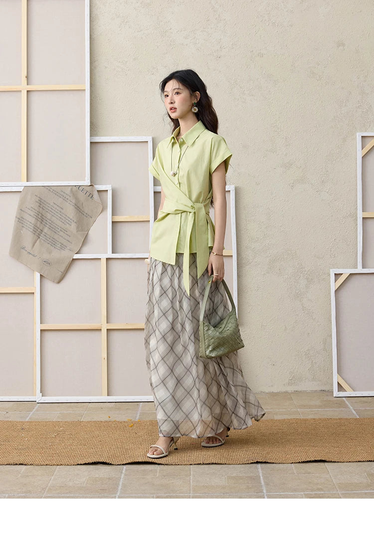 MISHOW Apricot Green Retro Plaid Skirt for Women Summer 2025 Pleated Chiffon High Waist Elegant Slim A-line Skirts MXE35B0747