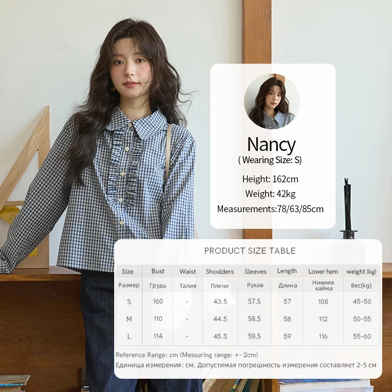 MISHOW Autumn Blue Plaid 100 Cotton Shirts 2025 Doll Collar Dropped Shoulder Sleeves Casual Top Retro Commuter Shirt MXE44C2391