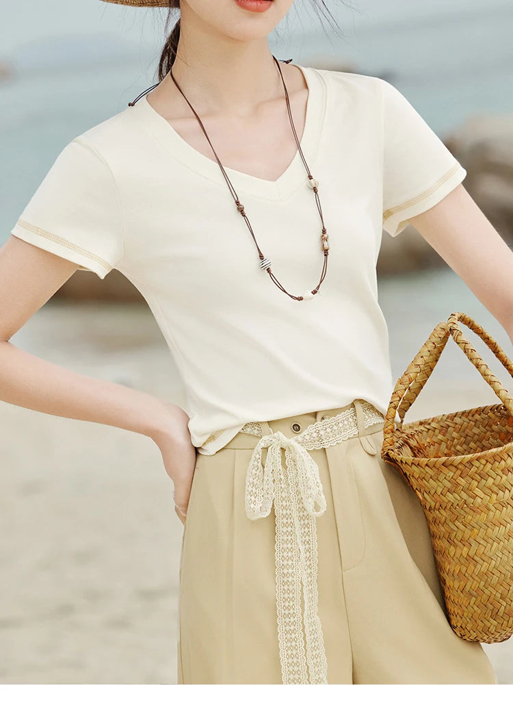 MISHOW Cotton Casual T-shirts Women New 2025 Short Sleeve V-neck Solid Versatile Shirt Female Fashion Basic Tops Lady MXE33T0519