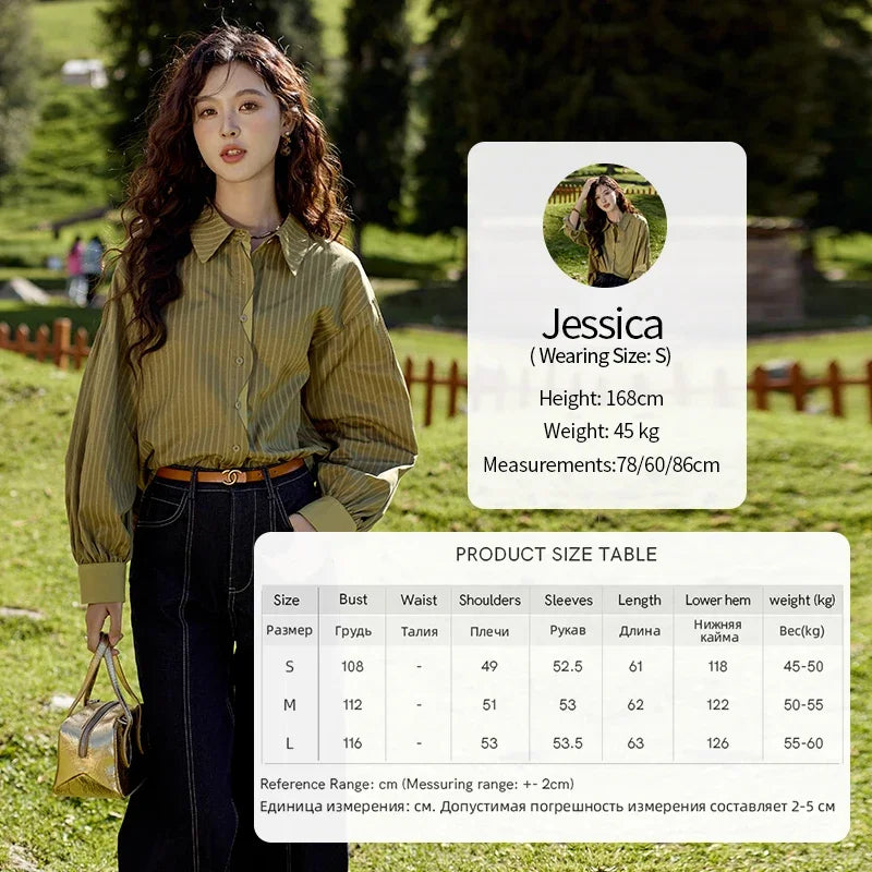 MISHOW Striped Casual Shirt for Women 2024 Autumn Retro Lapel Long Sleeve Top Contrasting Cuffs Shirts Office Lady MXD42C0301