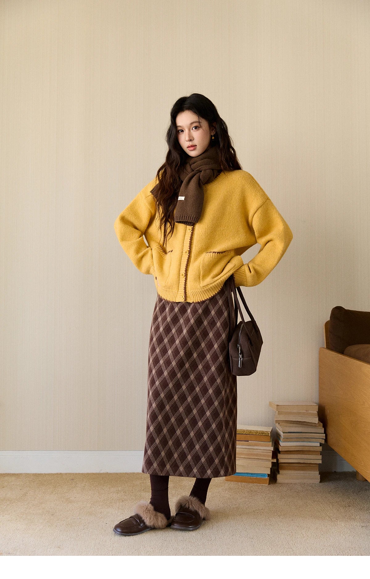 MISHOW Women's Yellow Knitted Cardigan 2025 Autumn Winter Color Collision Edge Sweater Pockets Loose Warm Casual Tops MXE94Z2973