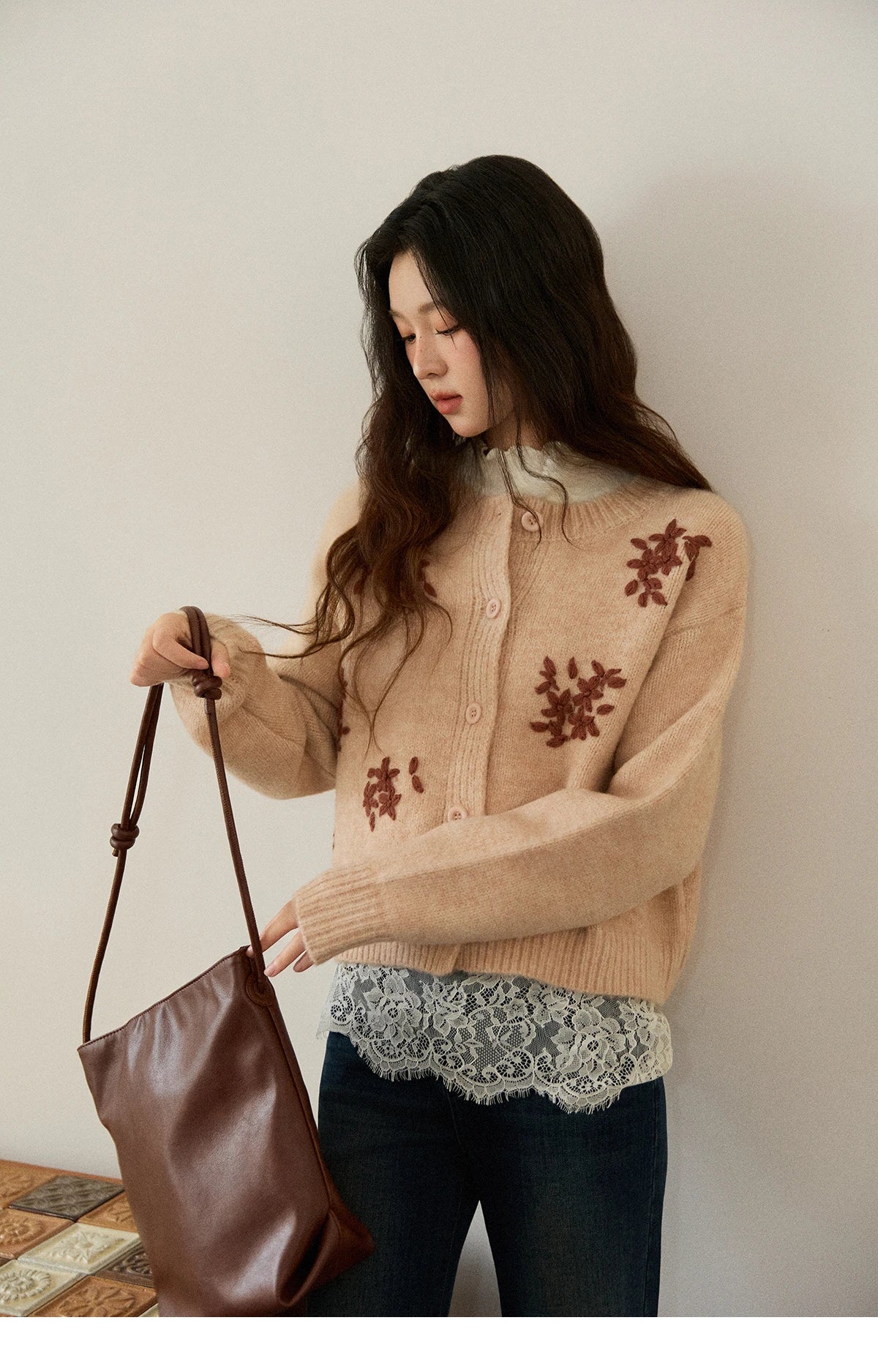 Mishow Floral Embroidery Round Neck Wool Cardigan MXE86Z2724