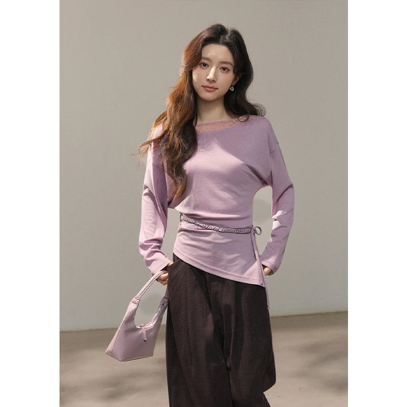 MISHOW Women's Mesh Wool Lace Polka Dot Splicing Tops 2026 Spring Boat Neck Slim Belt Twist Casual Solid T-Shirts MXF13Z3001