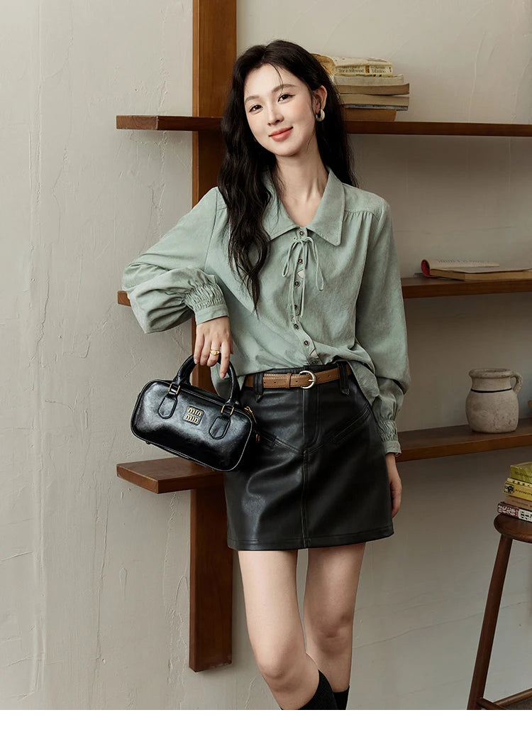 MISHOW Vintage Green Blouse Bow Lace-Up Lantern Sleeve MXD44C0337