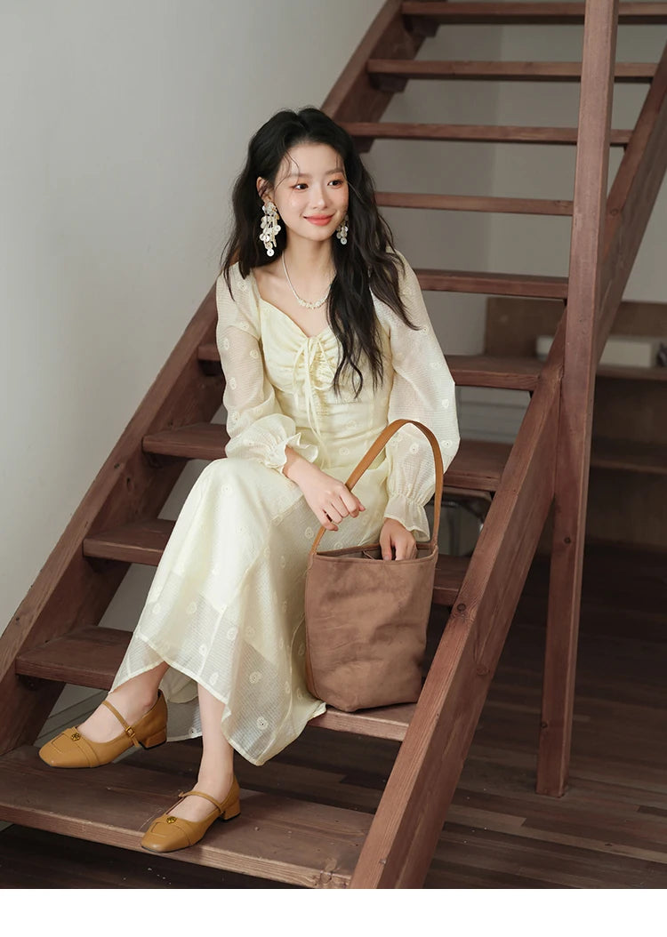 MISHOW Women's Cashew Flower Embroidered Dress 2025 Autumn V-neck Drawstring Long Sleeves Ladies Elegant Slim Dresses MXE41L2387