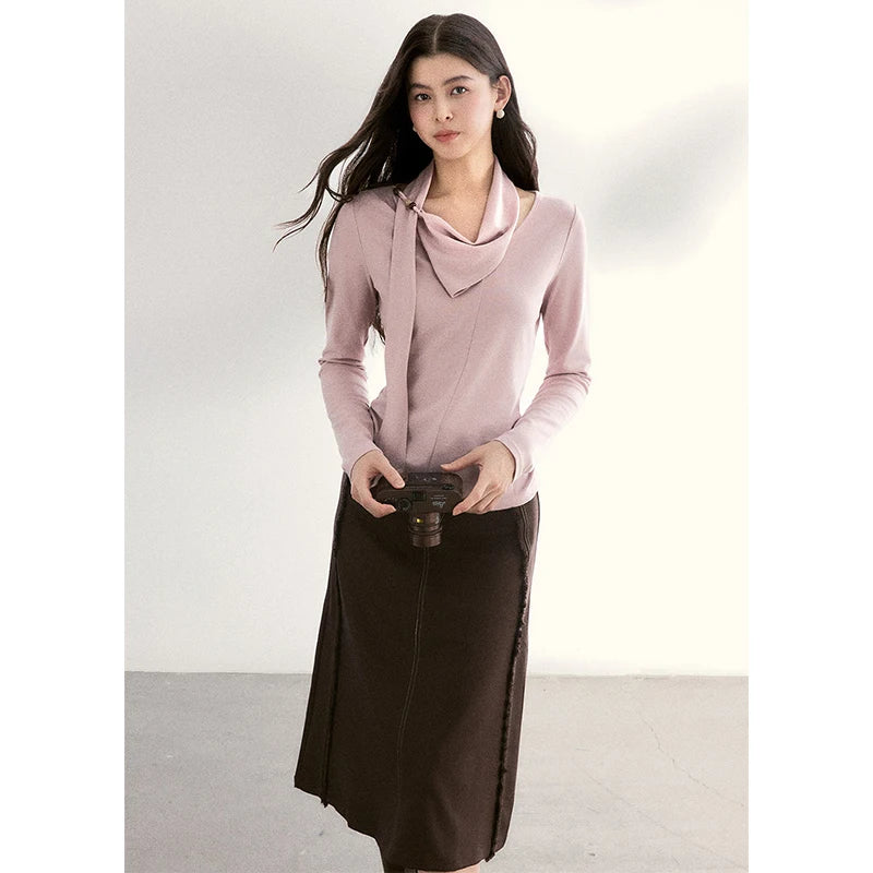 MISHOW Women's Scarf Neck Pink Long Sleeve Top 2026 Spring Color Collision Bead Asymmetrical Tops Knitted Sweaters MXF108Z1025