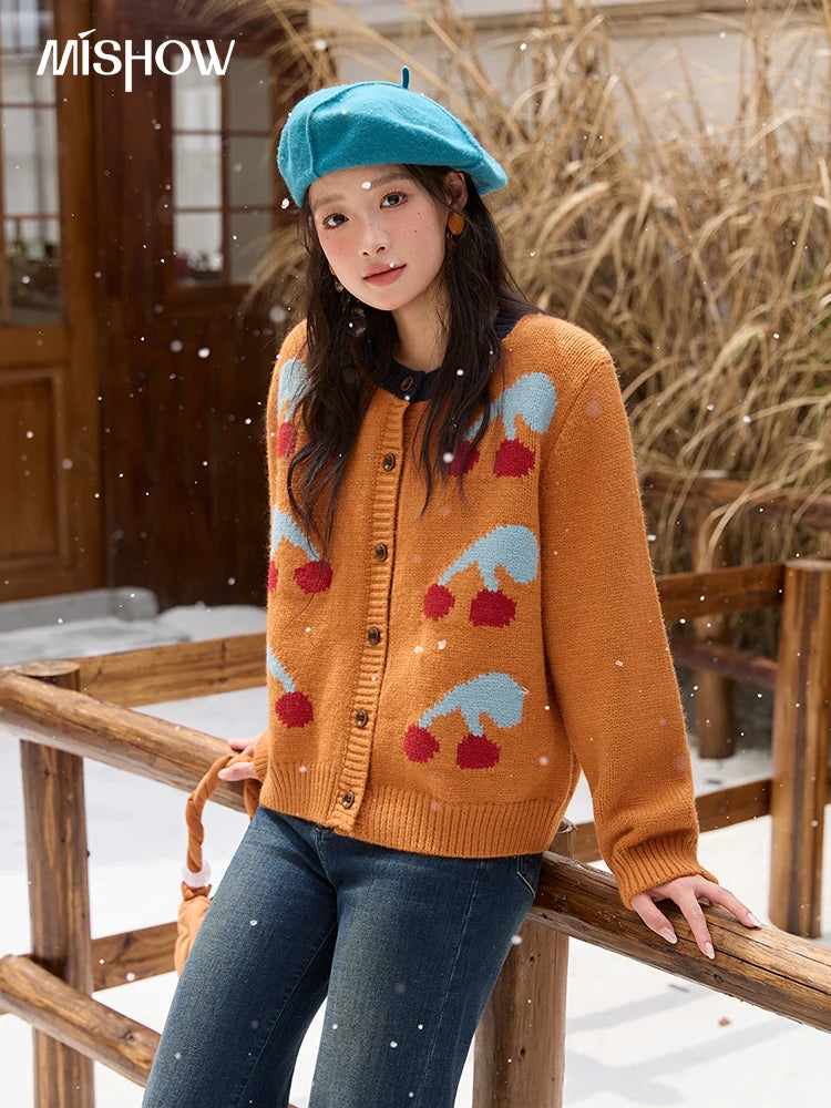 MISHOW Cherry Jacquard Knitted Cardigan for Women 2025 Winter Retro Sweet Round Neck Long Sleeves Sweater Commute Top MXE88Z2689
