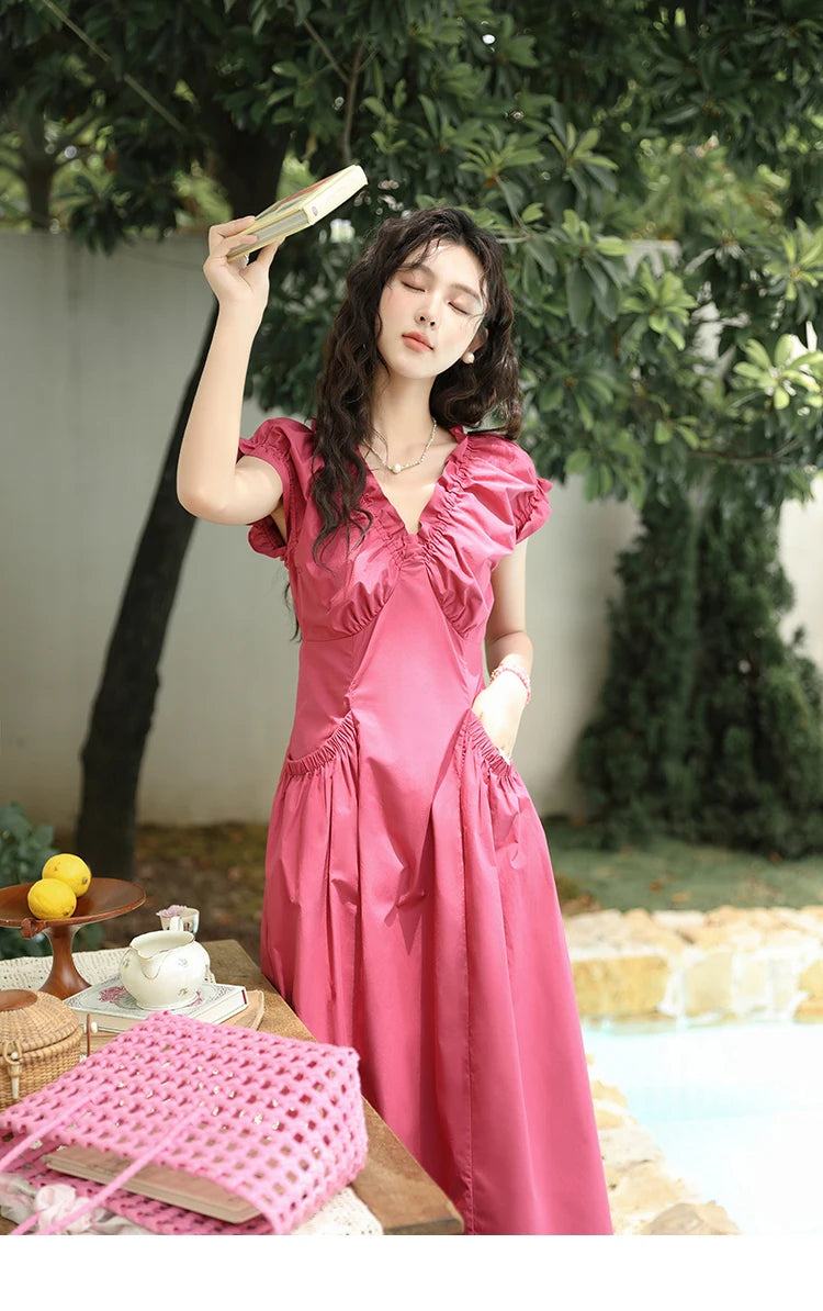 MISHOW Women's 100 Cotton Stringy Selvedge V-Neck Waist Dress 2024 Summer French Symmetric Pocket Mid Length Dresses MXD29L1934