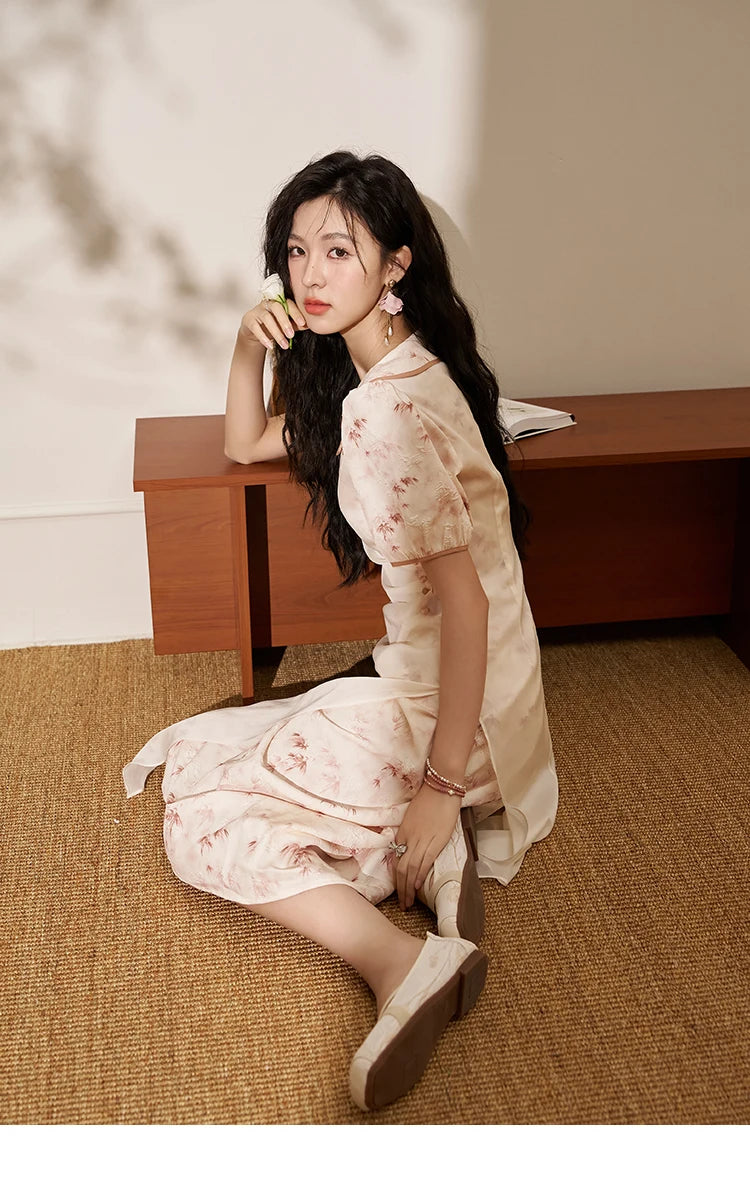 MISHOW Chinese Doll Collar Dresses 2024 Summer Improved Cheongsam Waist Pink Bamboo Printing Splicing Mesh Midi Dress MXD22L1829