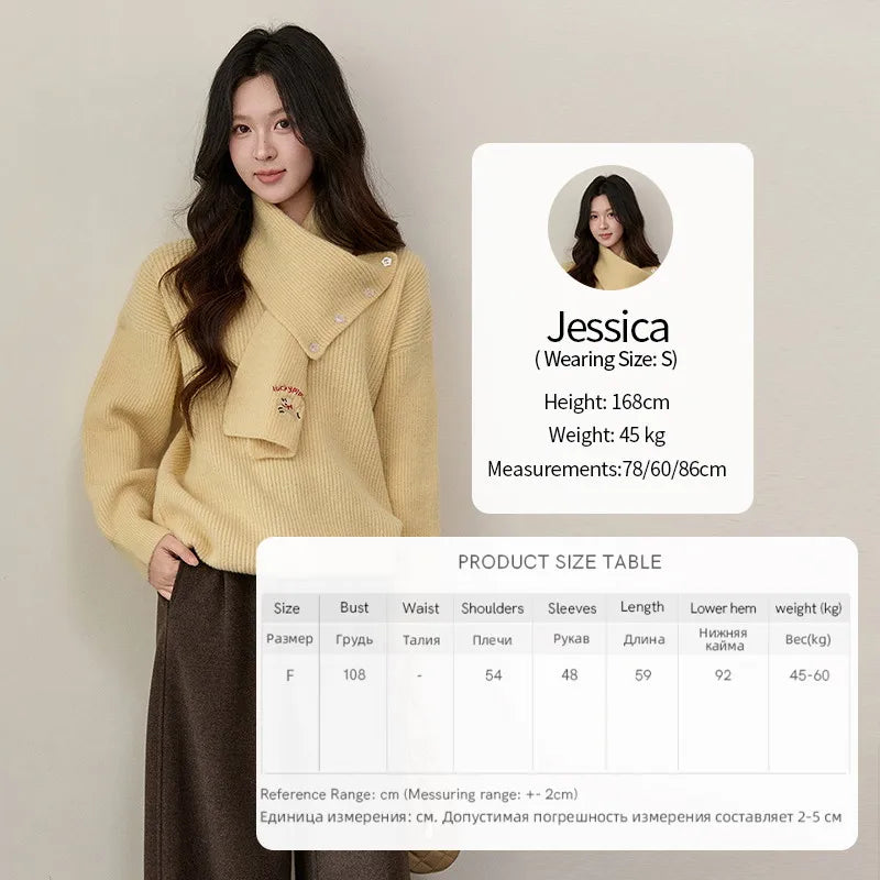 MISHOW Women's Yellow Sweater with Detachable Scarf 2025 Autumn Winter Loose Casual Warm Thickened Knit Pullover MXE93Z2953