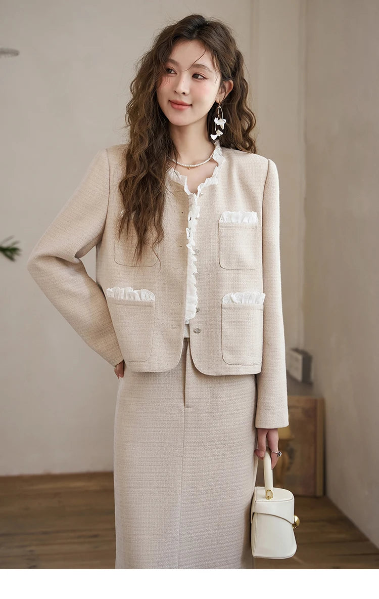 MISHOW French Fragrant Coat Solid Skirt Separately 2025 Spring Collar Pocket Splicing Lace Top Hem Split Back Skirt MXD12W0274