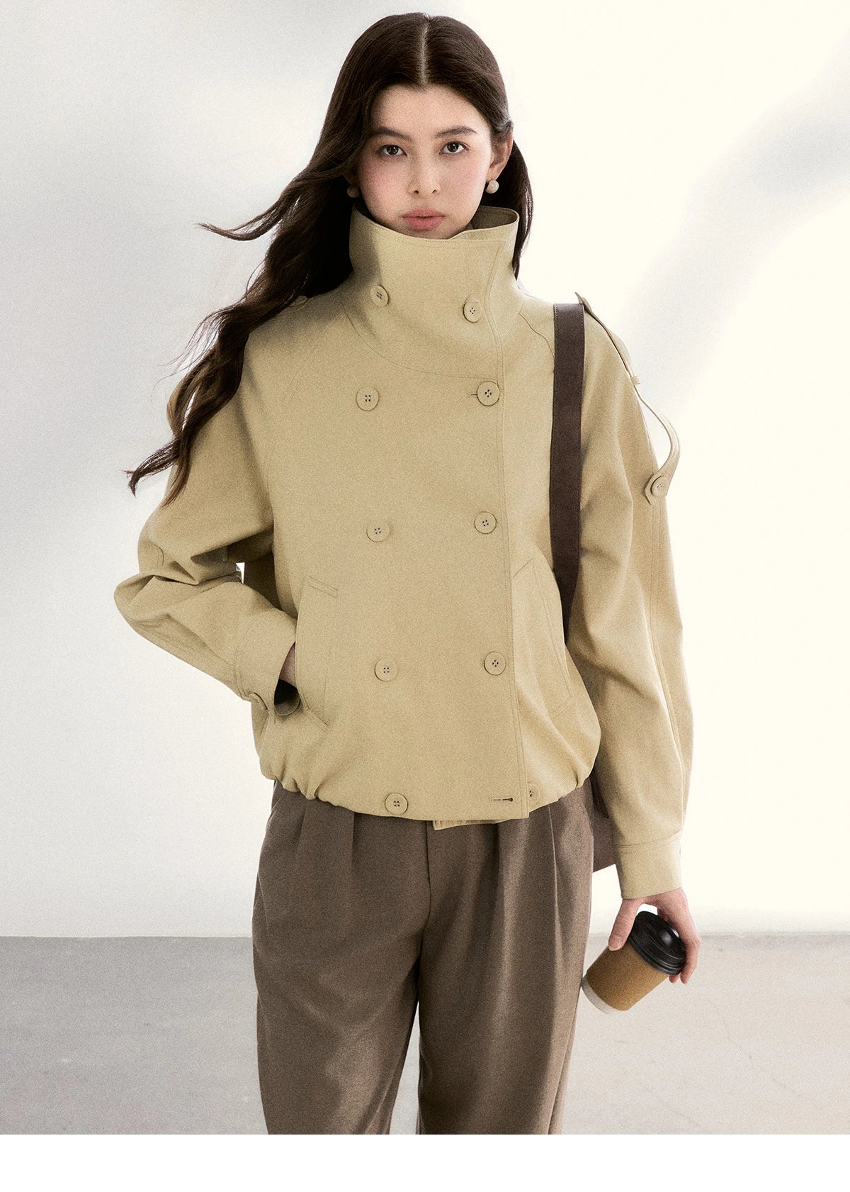 MISHOW Women's Khaki Cropped Short Leather Jacket 2026 Spring Lapel Stand Collar Double Breasted Casual Loose Coat MXF108W1000