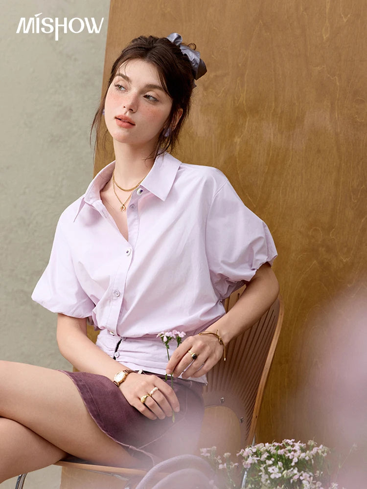 MISHWO Office Lady Solid Blouses Women Summer New 2025 Short Sleeve Turn-down Collar Purple Cotton Shirts Female Thin MXE32X1794