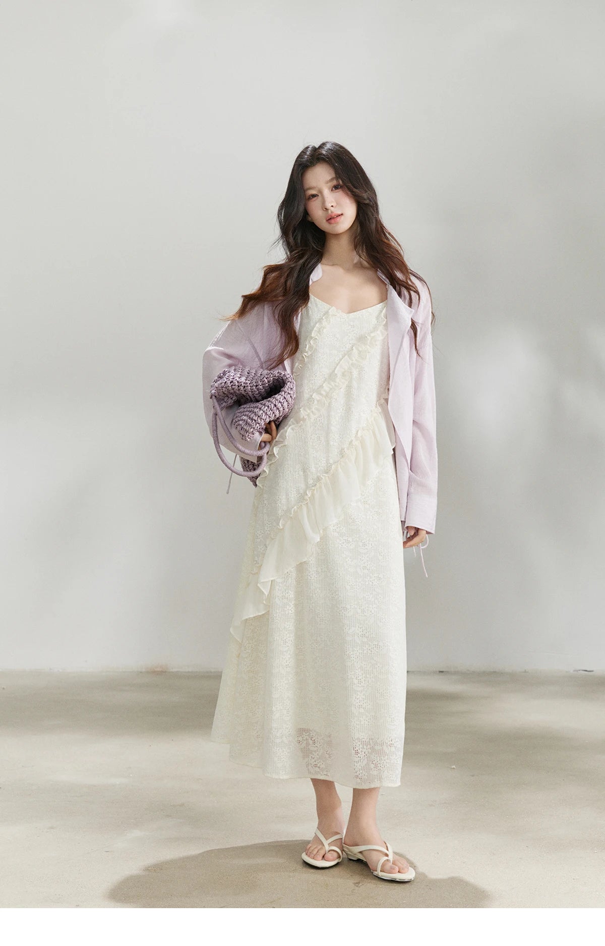 MISHOW Women's Cream Irregular Lace Slip Dress 2026 Spring V-Neck Ruffled Maxi Dresses Casual A-line Romantic Dress MXF108L1005