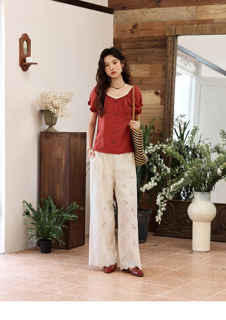 MISHOW French Summer Shirts for Women 2025 Short Puff Sleeve Lace Colla Slimming Blouses Female Sweet Fashion New MXE35X1827