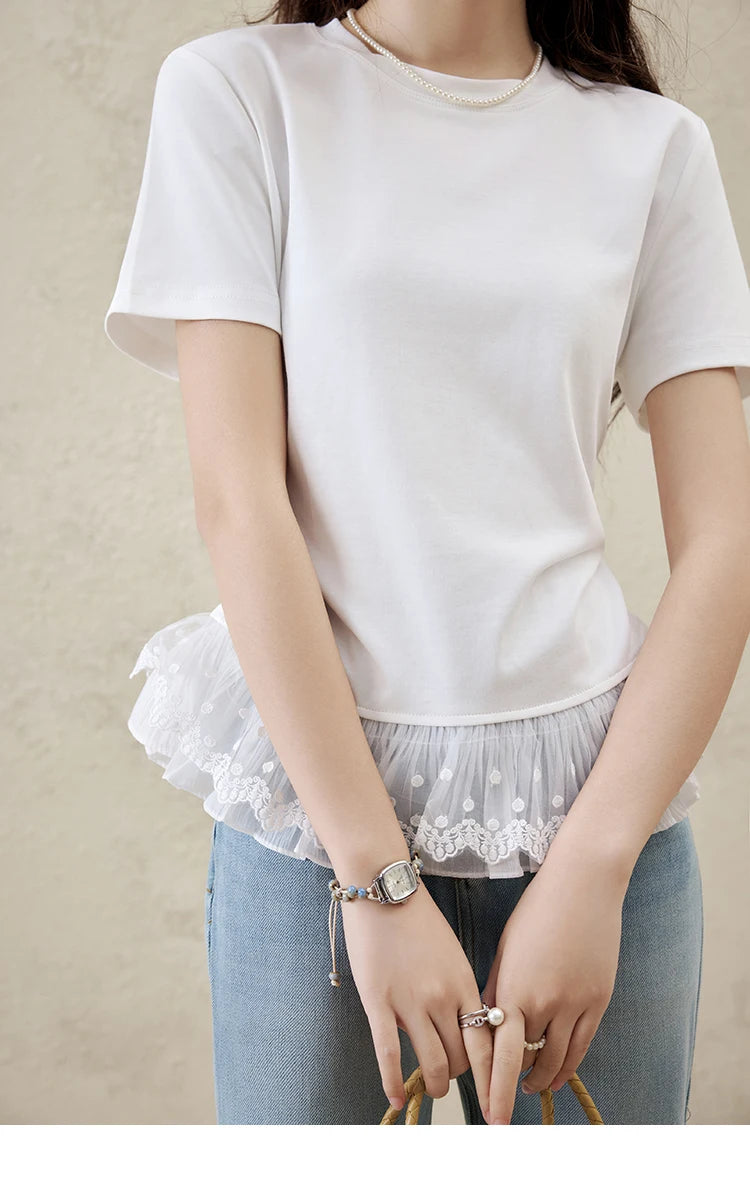 MISHOW Lace Hem Splicing T-shirt for Women Spring/summer 2025 Round Neck Versatile Top Streetwear Solid Casual Tees MXE31T0528