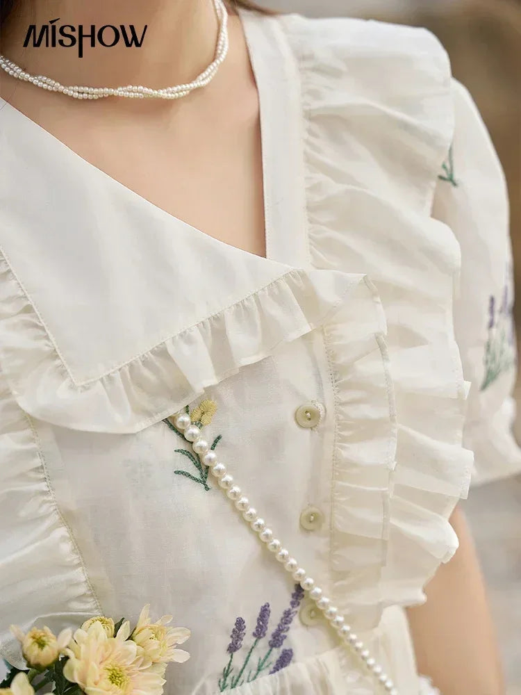 MISHOW Elegant Fairycore Embroidery Flower Dresses 2025 Summer A-line Flare Sleeve Ruffles Sweet Knee-Length Dresses MXC38L1518