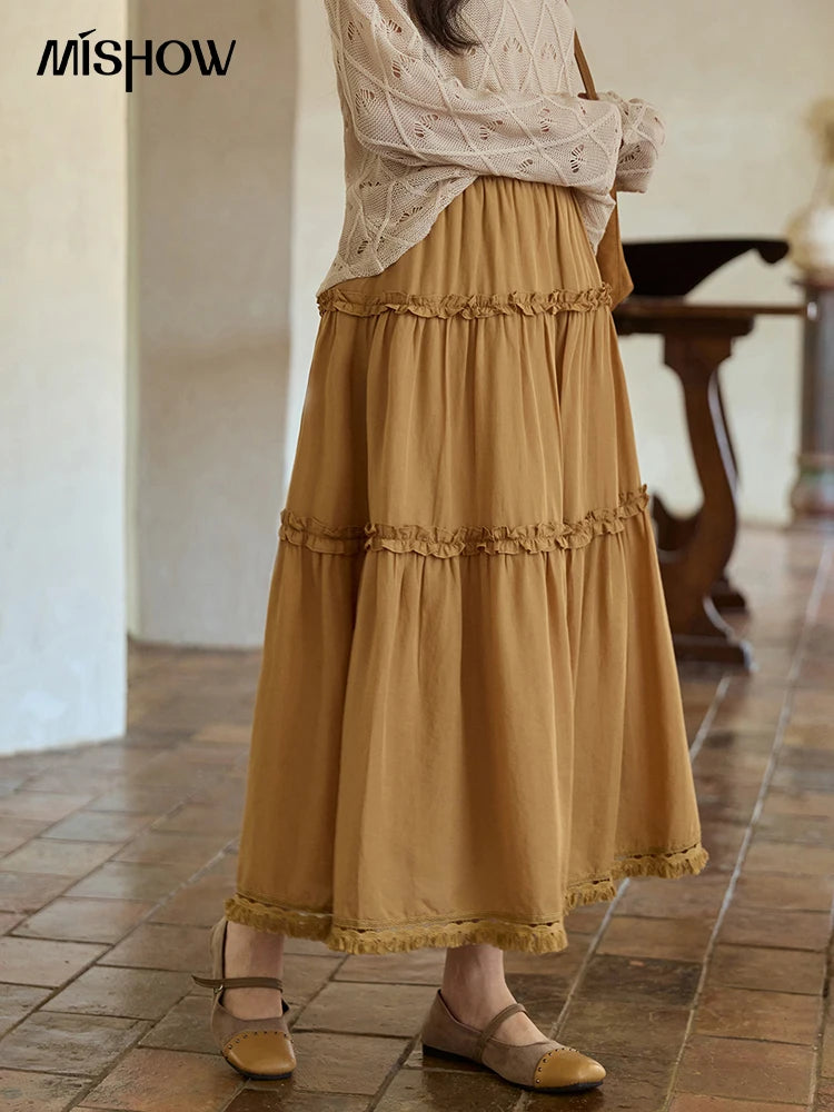 MISHOW Retro Orange 100 Lyocell Skirt 2025 Autumn Black Fungus Edge A-line Skirts Elastic High Waist Hem Tassel Skirt MXE42B2386