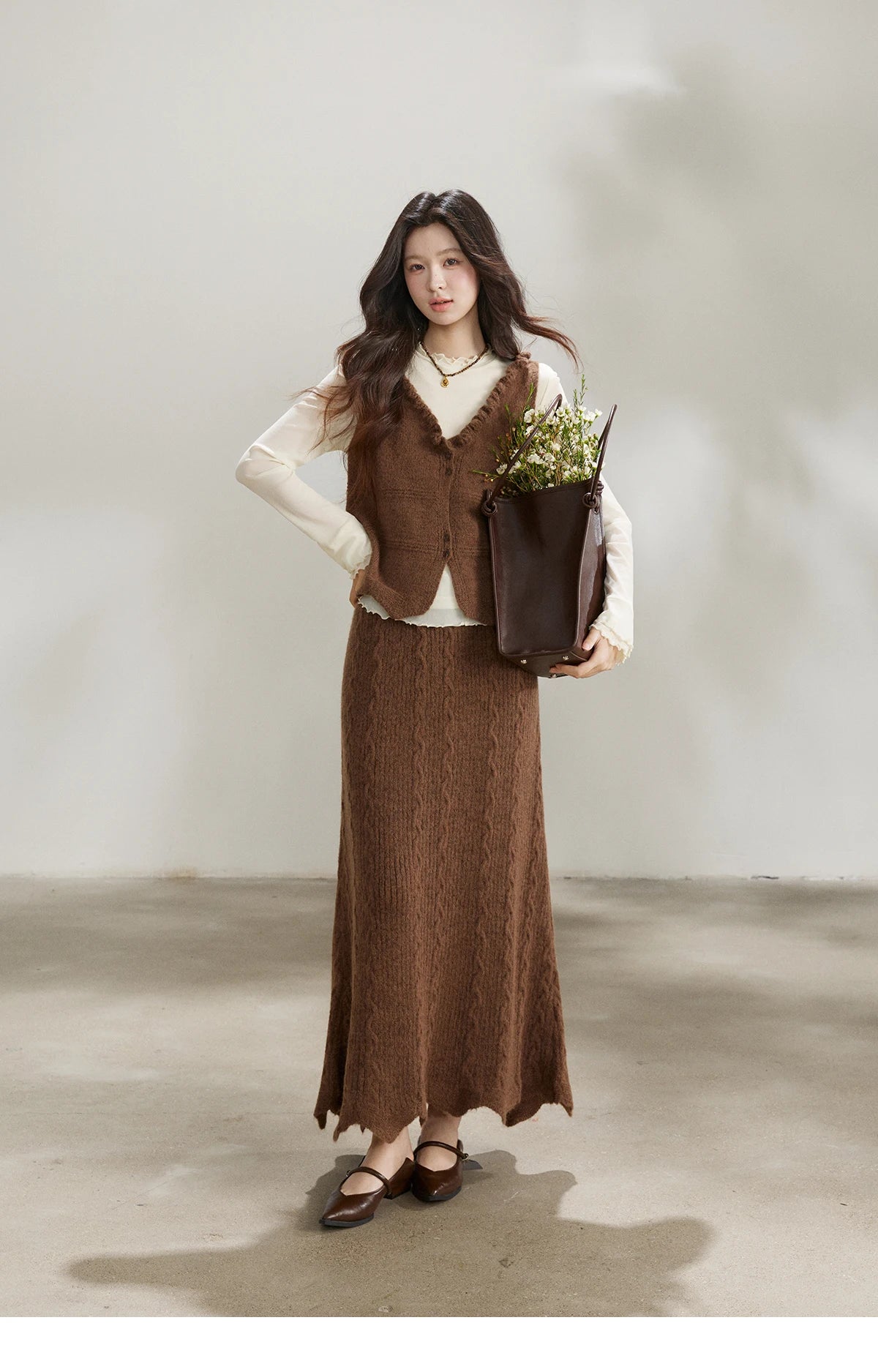 MISHOW Women's Brown Two-Piece Set 2026 Spring Knitted Vest V-Neck Cable Knit Maxi Skirt Casual Retro Warm Outfit MXF11T1460