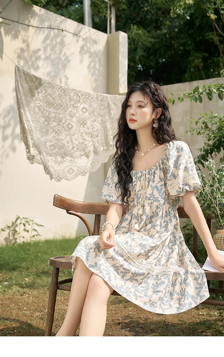 MISHOW French Floral Printing Dress for Women 2024 Summer Vacation U Neck Lace-up Bubble Sleeve Loose Doll Dresses MXD27L1898