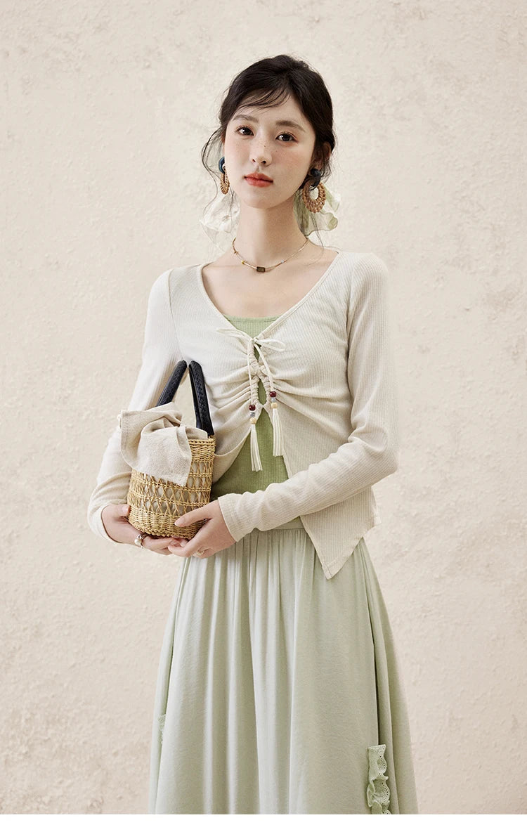 MISHOW Women's Fake Two Patchwork Knitted Spring 2025 Contrast Drawstring Strap Lace-up Tops Retro V-neck Thin Top MXE15Z1185