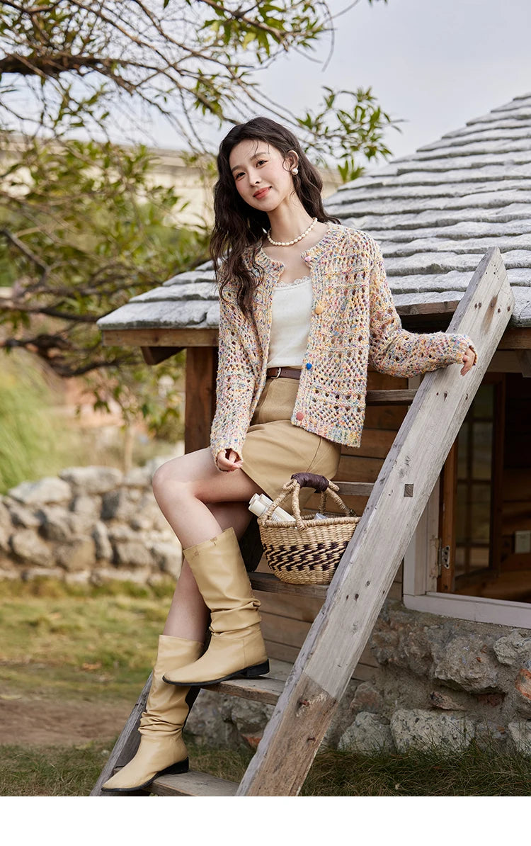 MISHOW Women's Sweet Woven Hollow Knitted Cardigan 2025 Spring Rainbow Button Single Breasted Top O-neck Cardigan MXE13Z1110