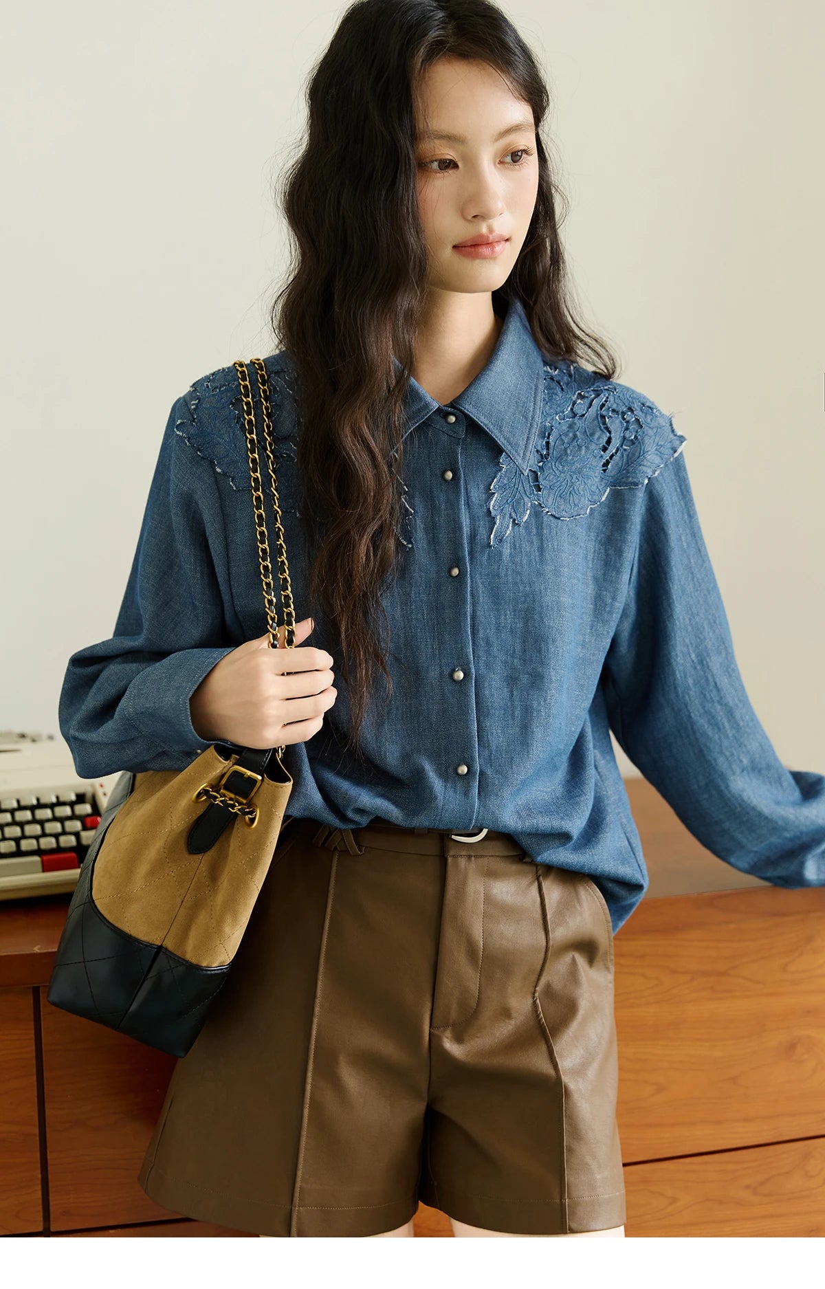 MISHOW Women's Blue Shirt Autumn 2025 Hollowed Out Patchwork Embroidery Tops Imitation Denim Fabric Loose Retro Shirt MXE46C2410