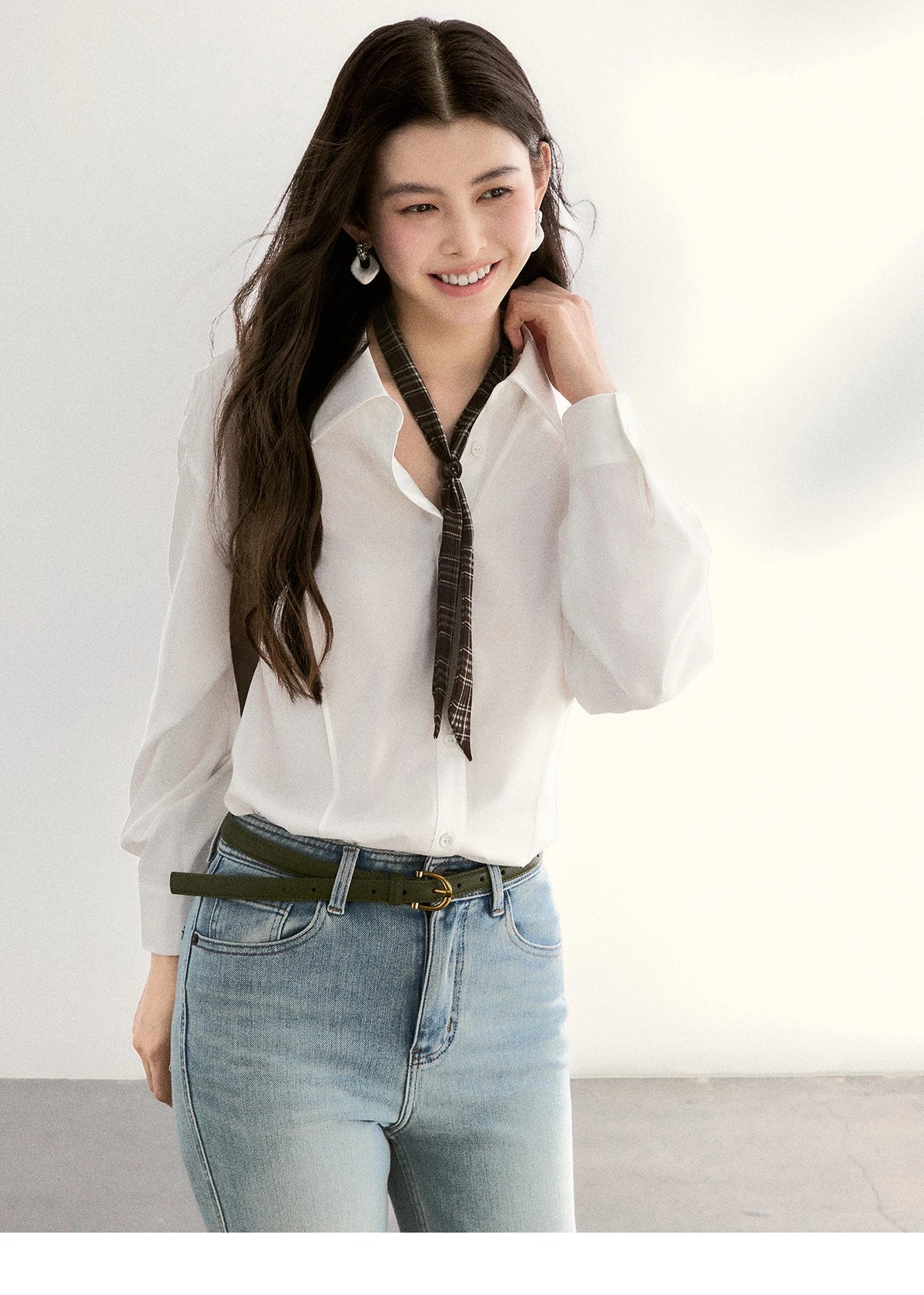 MISHOW Women's Casual Loose Shirt with Plaid Scarf 2026 Spring Lapel Tops Versatile Long Sleeve Shirts Office Lady MXF108C0815