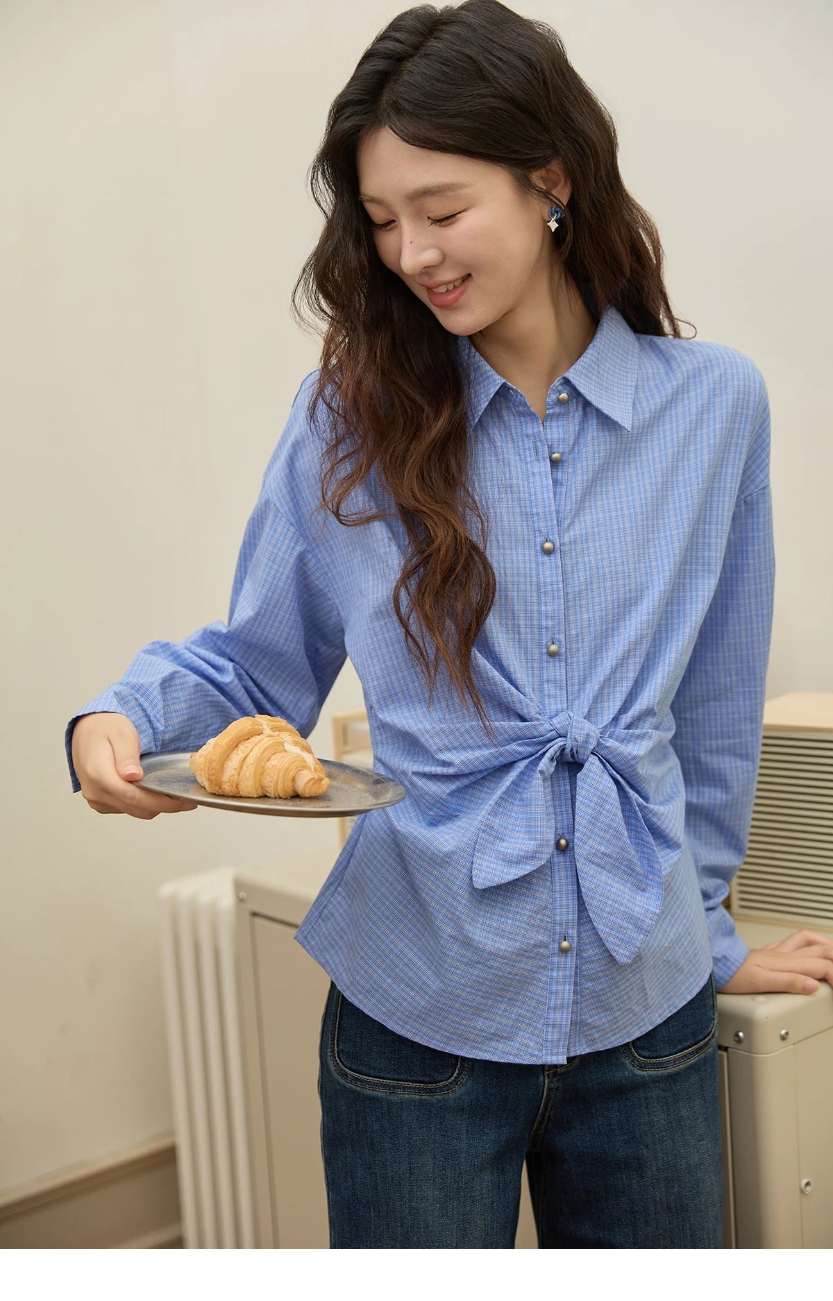 MISHOW Blue Plaid 100 Cotton Shirt Autumn 2025 Bow Tie Waist Matte Silver Butto Shirts Lapel Dropped Sleeved Tops MXE44C2395