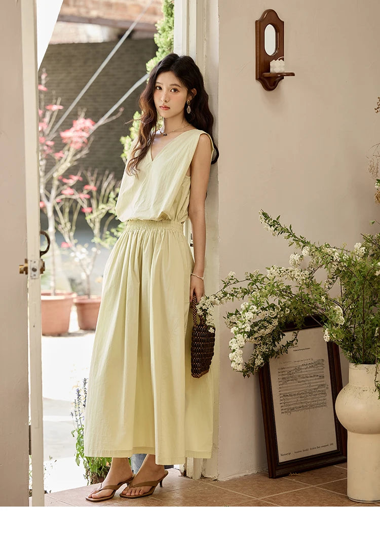 MISHOW Office Lady Solid Blouses Skirts Sets Women Summer 2025 V-neck Sleeveless Vest Elastic Waist Loose Skirts Sets MXE34T0604