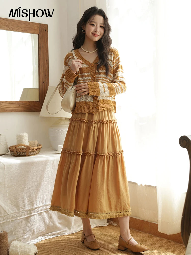 MISHOW Women's Striped Cardigan 2025 Autumn New Retro Yellow V-neck Long Sleeves Single-breasted Short Sweater Coats MXE44Z2516