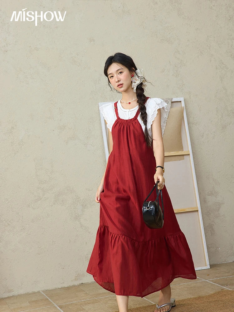 MISHOW Flying Sleeve Cotton Blouse Hollow Lace Slim Waist MXE36X1844