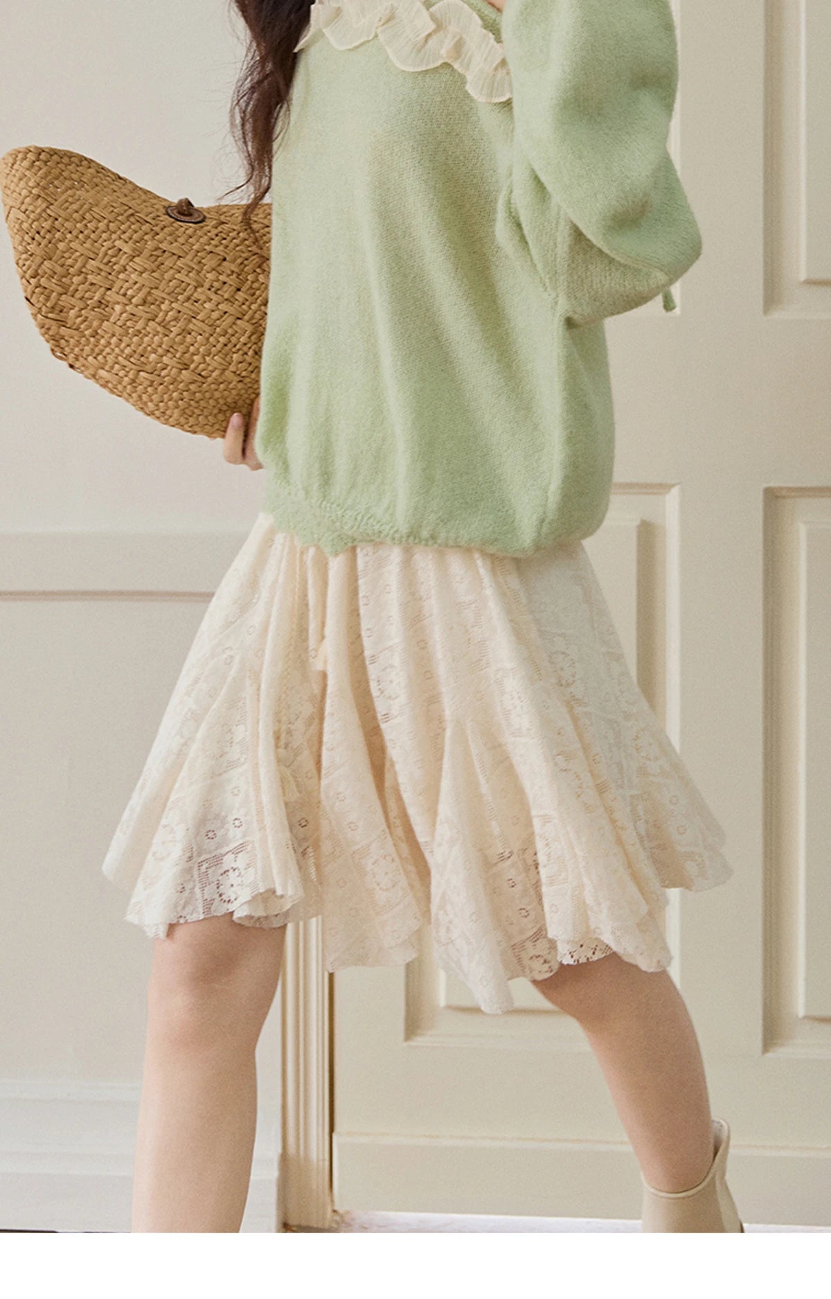 MISHOW Women's Beige Apricot Lace Midi Skirt 2026 Spring High Waist Flowy A-Line Skirts Irregular Romantic Skirt MXF108B0768