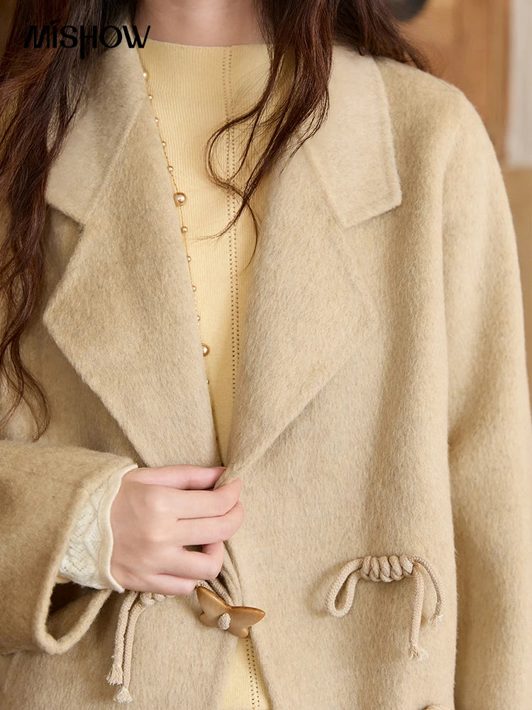 MISHOW 100%Wool Coat for Woman 2025 Winter Retro Apricot Double-faced Butterfly Button Coat Warm Long-sleeved Jacket MXE51W0887