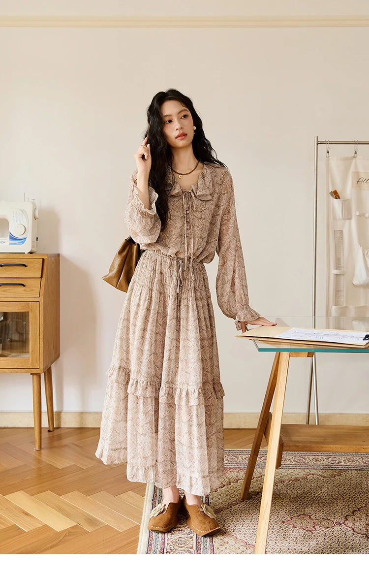 MISHOW Cashew Flower Dress for Woman 2025 Autumn Romantic Style Printed Dress Long Sleeve Ruffled Tie Waist Dress MXE46L2520